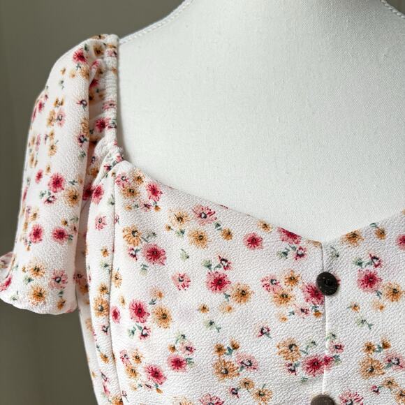 Monteau XL Floral Crop Top Puff Sleeve Smocked Waist Blouse Y2K Cottagecore - Picture 2 of 8